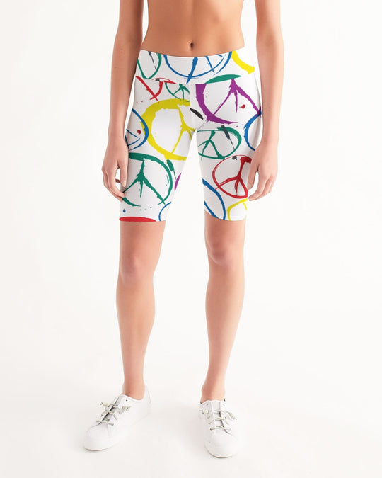 Women's Mid-Rise Bike Shorts with Peace Signs Design